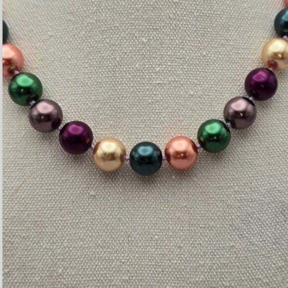 Red Gold Champagne Multi Color Pearl Beaded Statement Necklace Y2K Holiday Glam - Picture 4 of 8